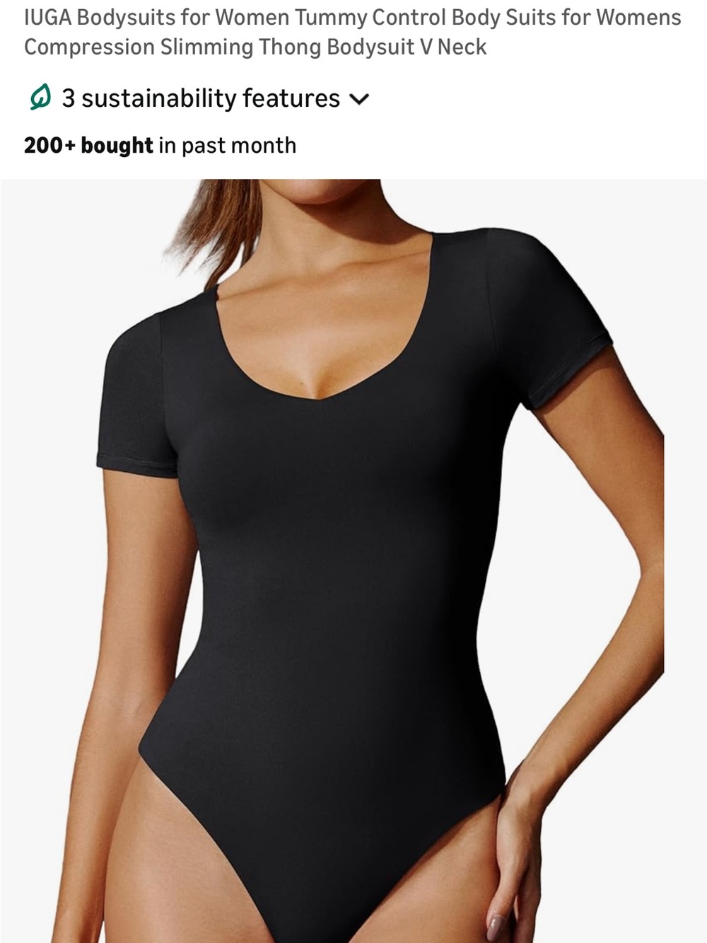 Black V-Neck Short Sleeve Tummy Control Bodysuit sz Large
